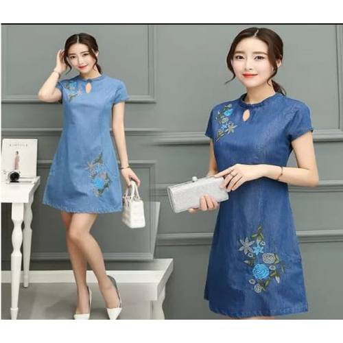 DRESS FLOWER DENIM BORDIR XAE DRESS DENIM PENDEK WANITA