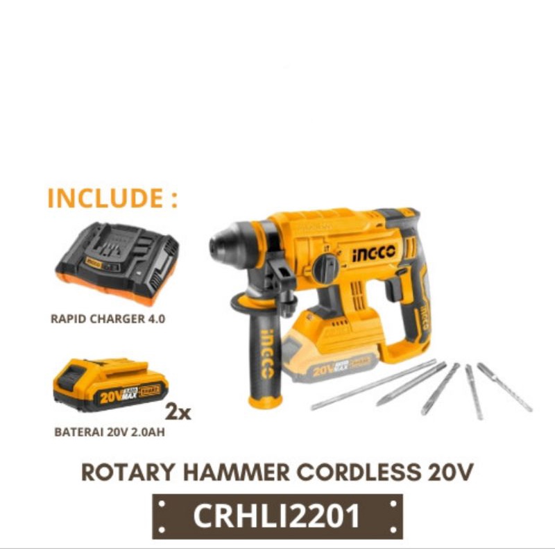 MESIN BOR ROTARY BATERAI CORDLESS 20V BRUSHLESS T-CRHL12201 BONUS 2 SET SARUNG TANGAN INGCO