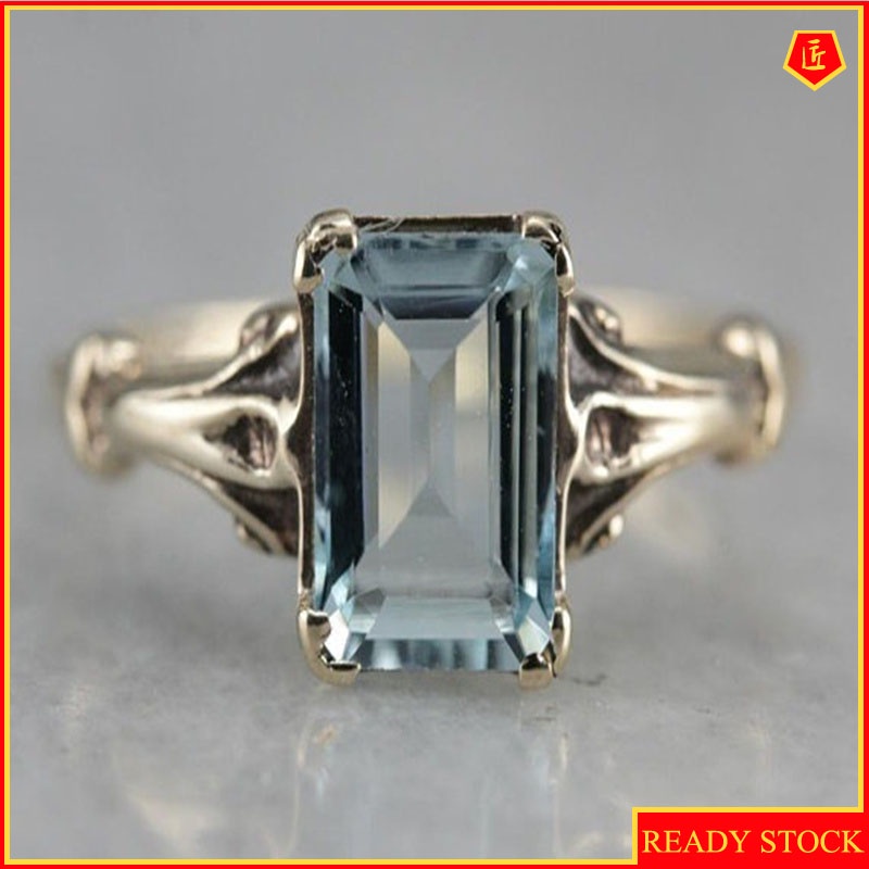 [Ready Stock]Women's Retro Classic Heart-Shaped Sea Blue Topaz 14K Gold Ring