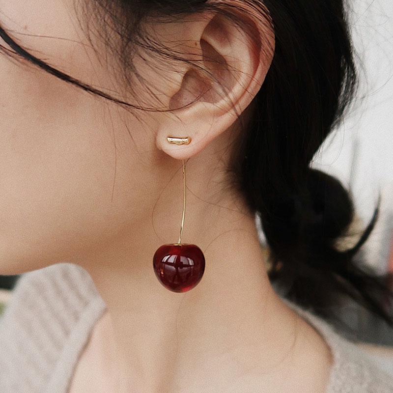 Anting Bentuk Buah Cherry Warna Merah Anggur Emas Gaya Korea Untuk Wanita