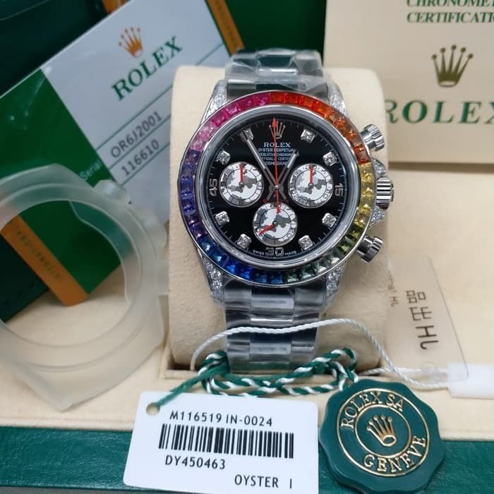 Jam Kw Super Premium Rolex Daytona 116509 Rainbow Ss Jh Black Dial Swiss Clone