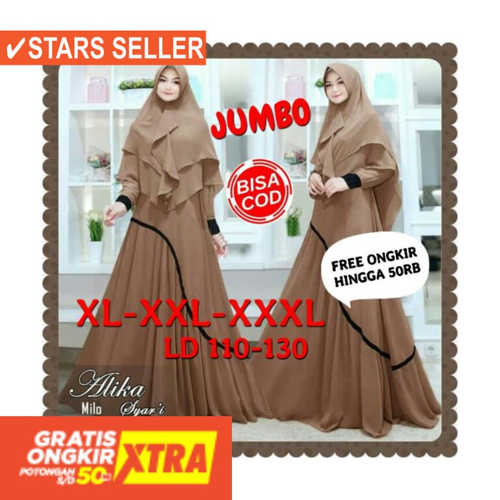 BAJU LEBARAN PAKAIAN MUSLIMAH SYARI BERGO BALOTELI / Gamis Jumbo Alika Syari Big Size XXXL LD 110