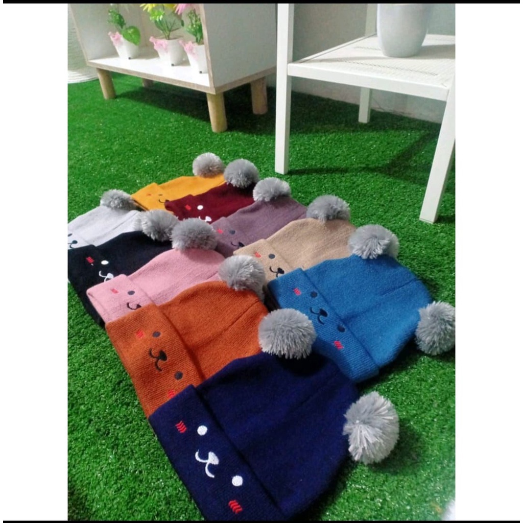 Kupluk bayi PUPPY rajut pompom topi anak rajut 0 sampai 3 tahun lucu