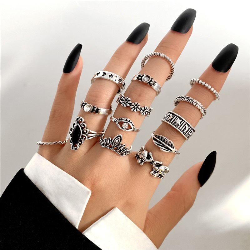 14pcs / Set Cincin Knuckle Desain Bulan Bintang Mahkota Aksen Kristal Gaya Vintage Bohemian Untuk Wanita