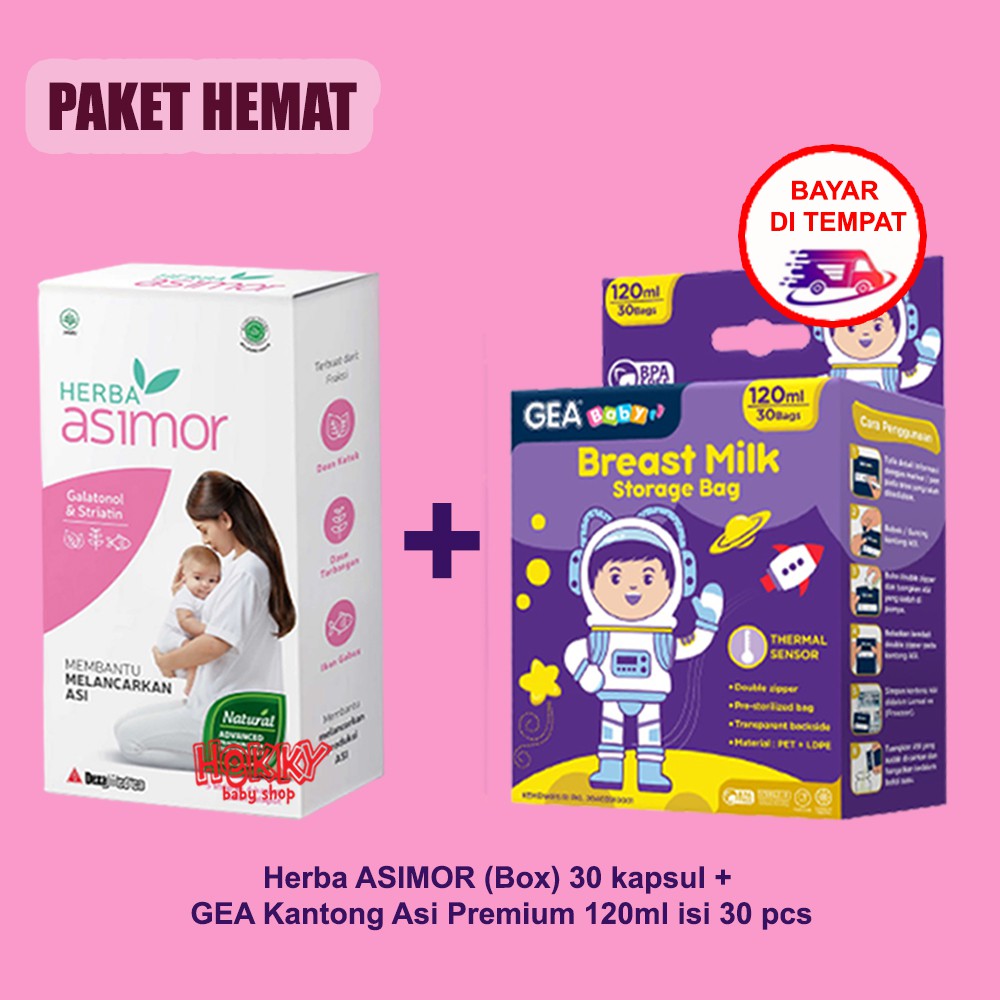 Paket Hemat Pelancar ASI Booster 1 Box HERBA ASIMOR+ 1 Box Gea Kantong Asi 120ml