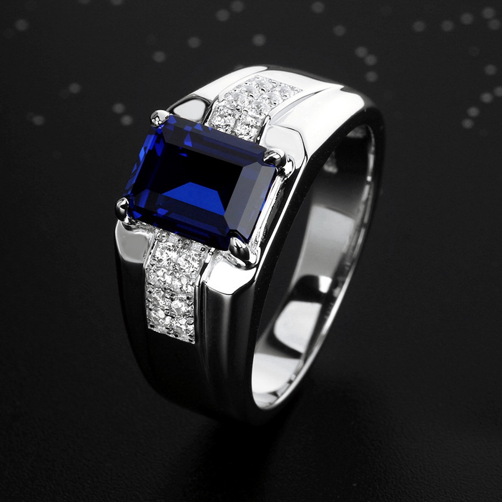 Cincin Baja Titanium Safir Perak S925 Fashion Jewelry Pria Wanita Biru Berlian Kristal Silver Rings