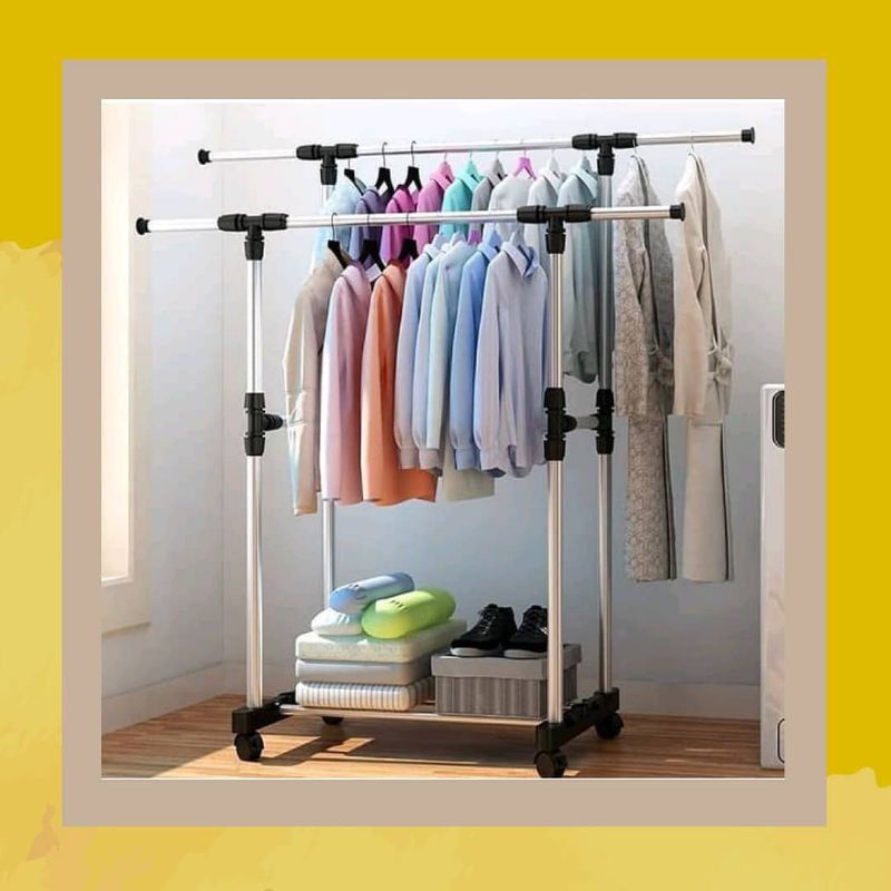 Rak Stand Jemuran Gantungan Baju Hanger Double besi Stainless Steel Kokoh Kuat Portable Panjang Jumb