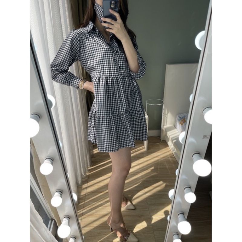 Kloe Dress| Dress wanita premium terbaru| Dress wanita murah| Midi dress kotak-kotak| Dress lengan p