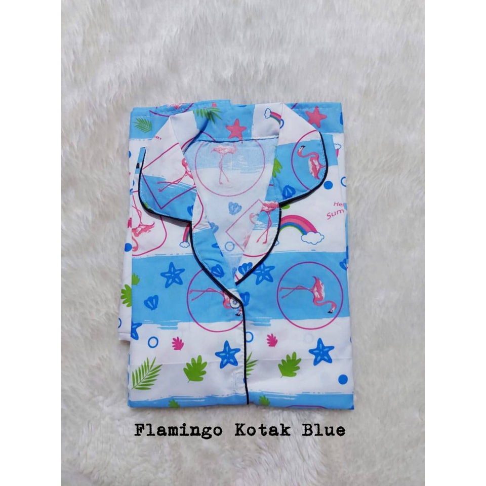 Setelan Piyama Baju Tidur PP High Quality Ld 104 Cm Dewasa-FLAMINGO KOTAK BLUE