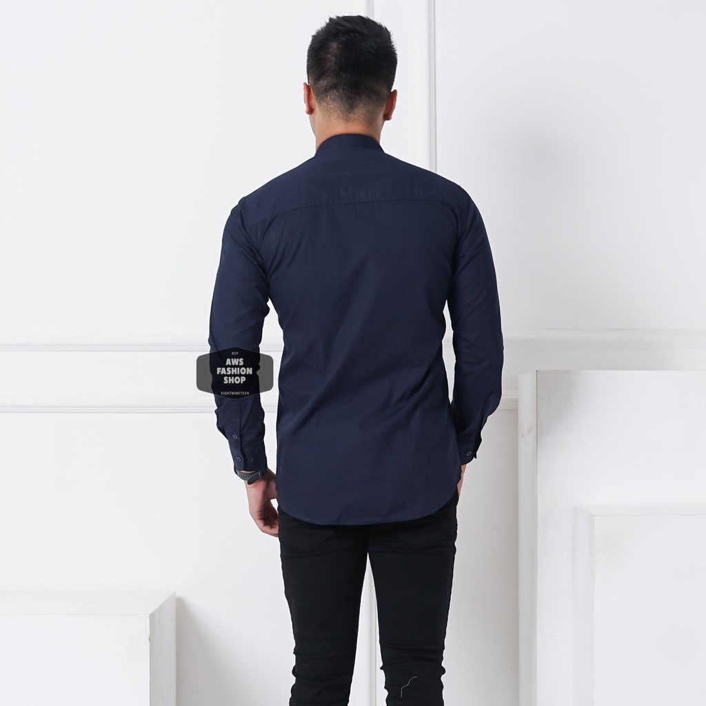 Kemeja Pria Lengan Panjang Polos Biru Navy Dark Blue Kerah Shanghai Koko Polos Slimfit Casual