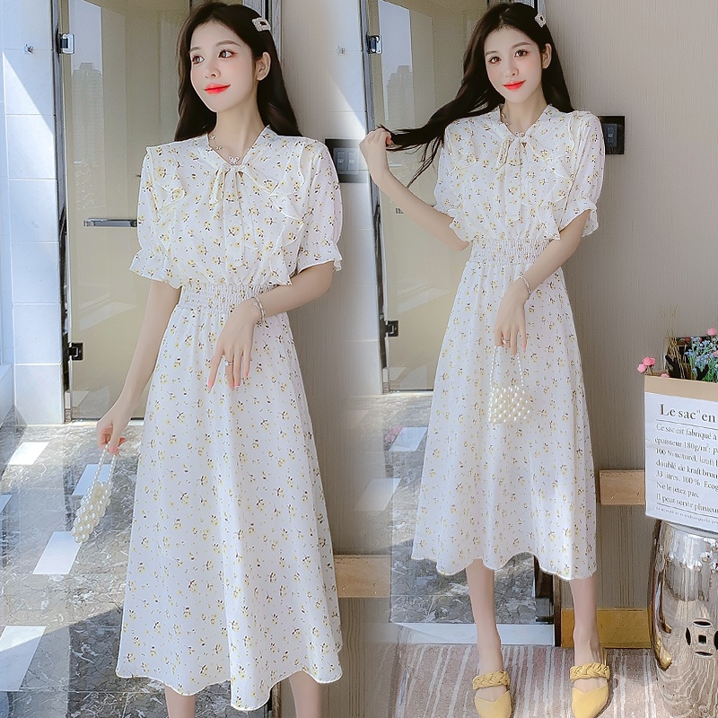 2022 New Fashion Korean Style Chiffon White Floral Print Casual Party Midi Dress Summer Short Sleeve Women Dresses Wanita Putih 2023t