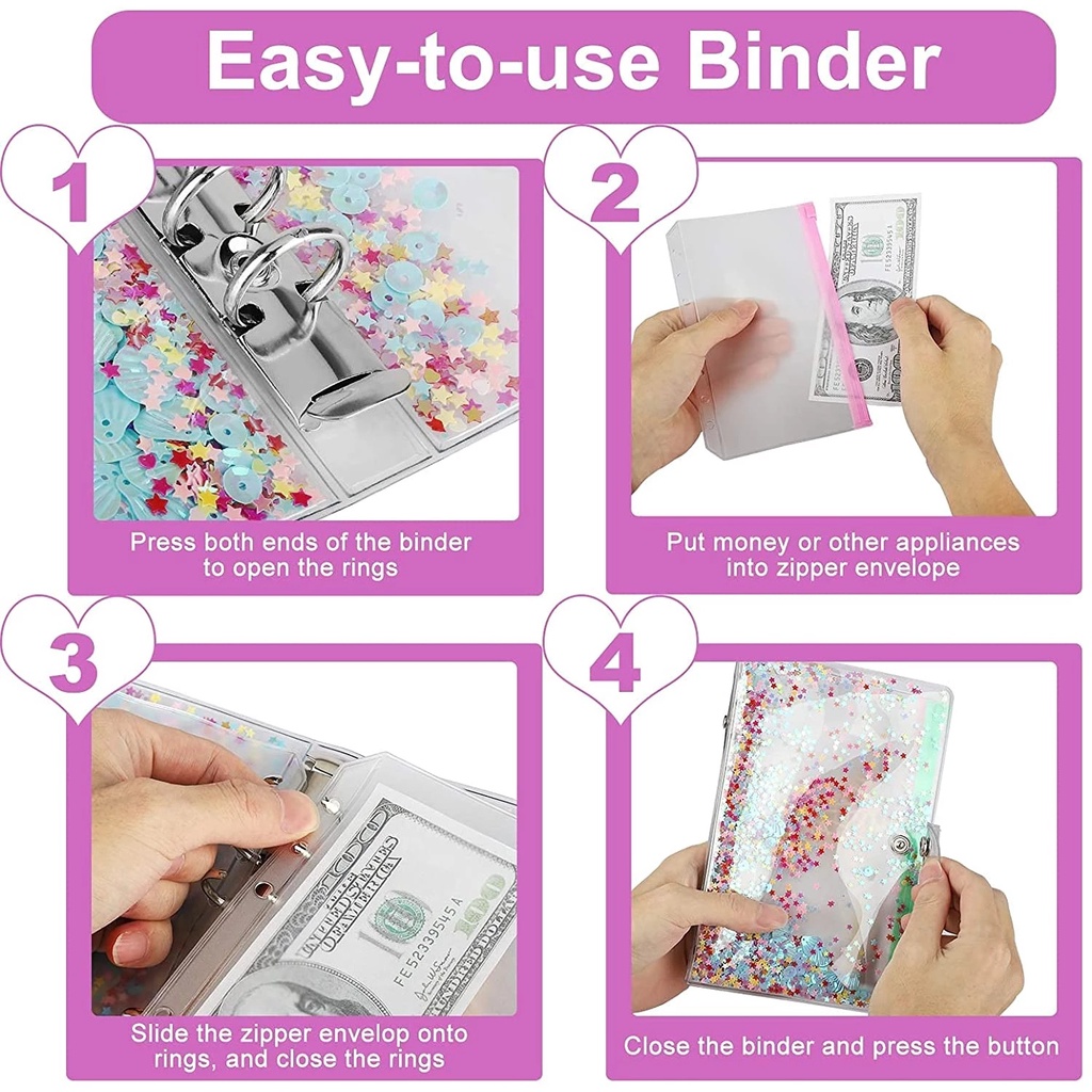 29 Pieces A6 PVC Binder Glitter Cover Sets with 12 Budget Envelopes,Expense Budget Sheet,1PVC Bag, 1 Ruler and 2 Label Sticker