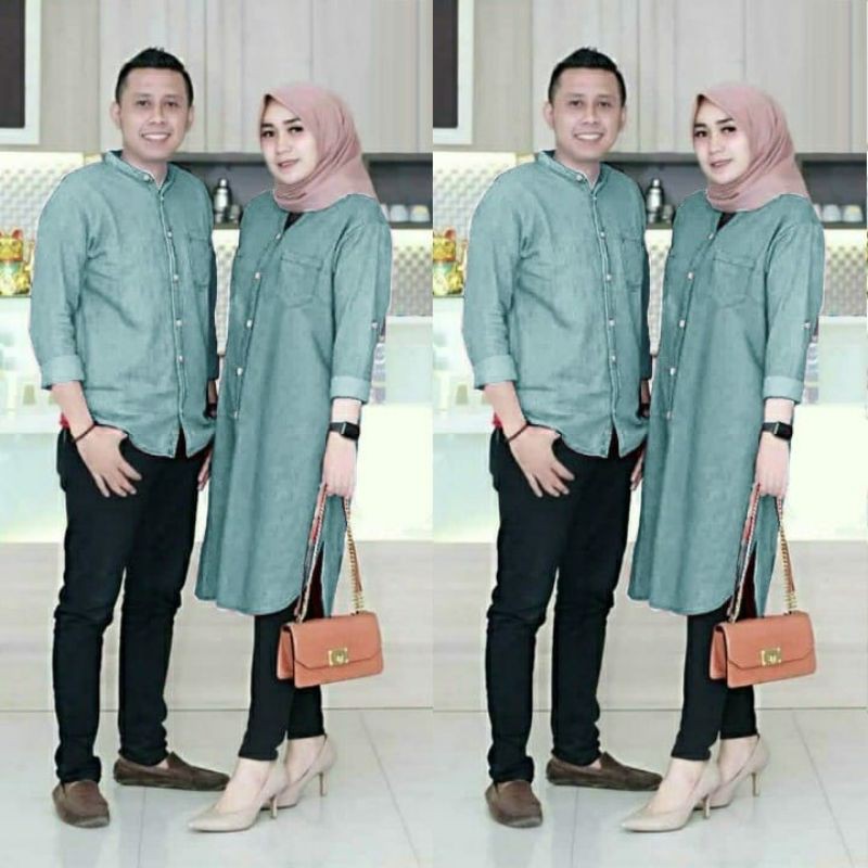 PCS CP COUPLE JEANO PASANGAN KEMEJA COWO DAN TUNIK CEWE KATUN DENIM 3 UKURAN L XL XXL PMS ADA VIDEO REVIEW ASLI PRODUK