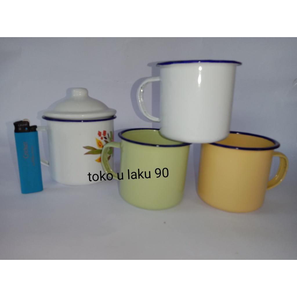 PAKET CANGKIR ENAMEL SENG/BLEK JADUL 8CM+TUTUP DAN 7CM, CANGKIR ENAMEL POLOS, CANGKIR KOPI