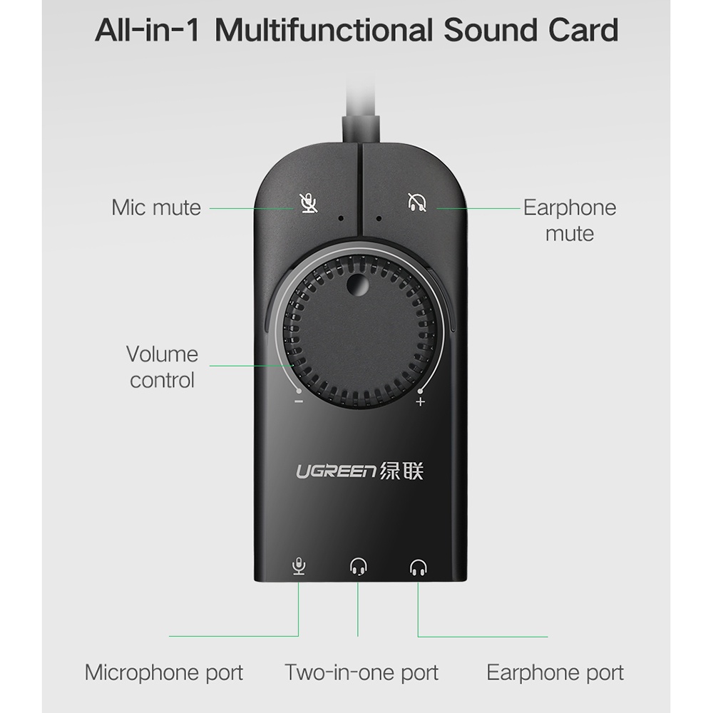 UGREEN USB Sound Card External Audio Microphone 3.5mm - 40964 - Black