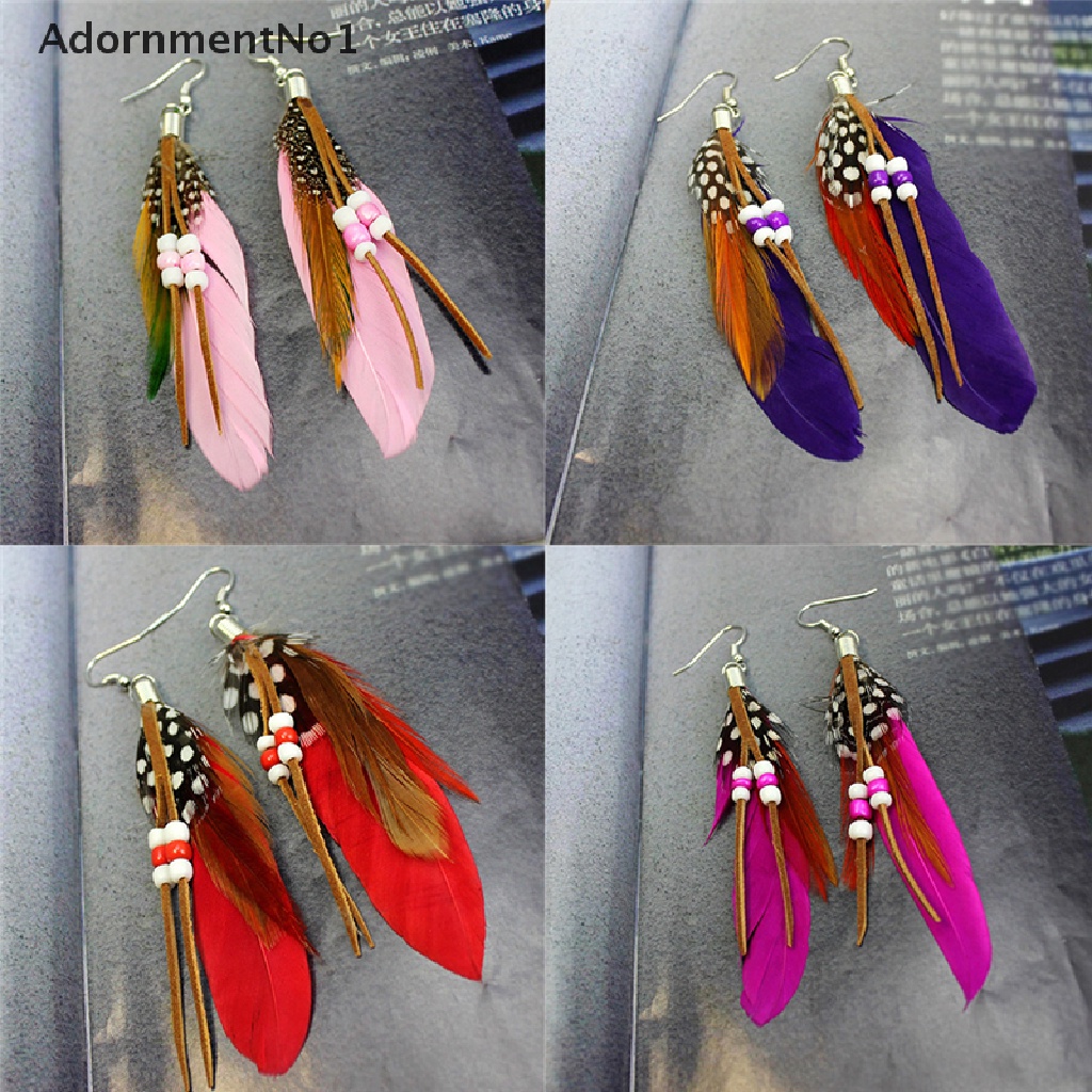 (AdornmentNo1) Anting Gantung Panjang Kait Gaya India Motif Bulu + Manik-Manik Untuk Perhiasan Wanita