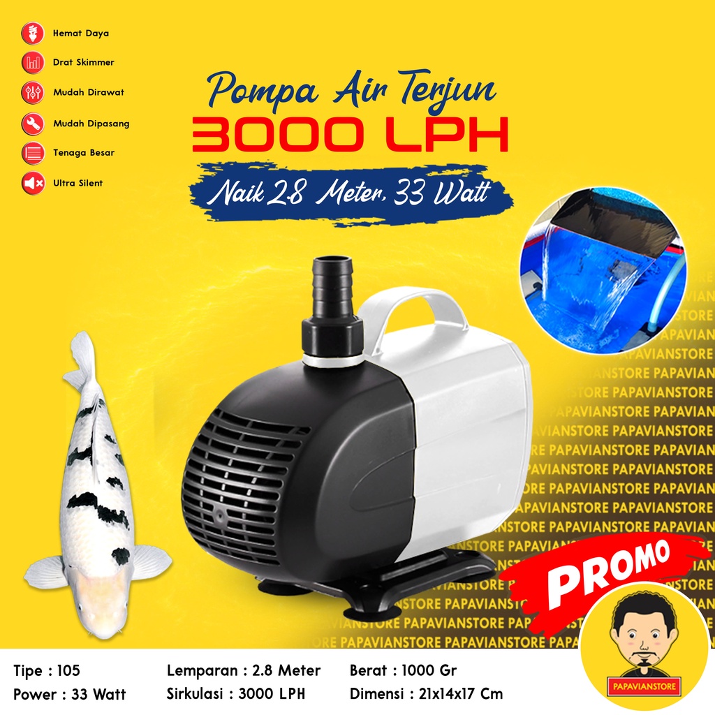 Pompa Filter Air Kolam Celup Ikan Koi Mesin Aquarium Low Watt Submersible Water Pump Waterfall Air Terjun Hias Hidroponik Hydroponic - 1700 2000 3000 LPH Liter Per Jam 3 Meter Rendah Daya Ketinggian 3m P008