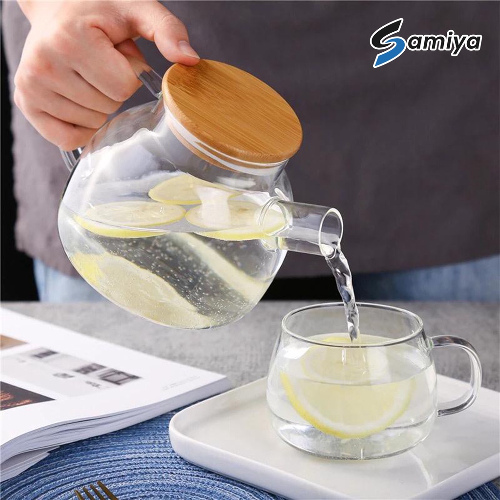 tea pot infuser wooden lid 1liter / teko teh kaca dengan tutup kayu / kungfu teapot / jus dispenser