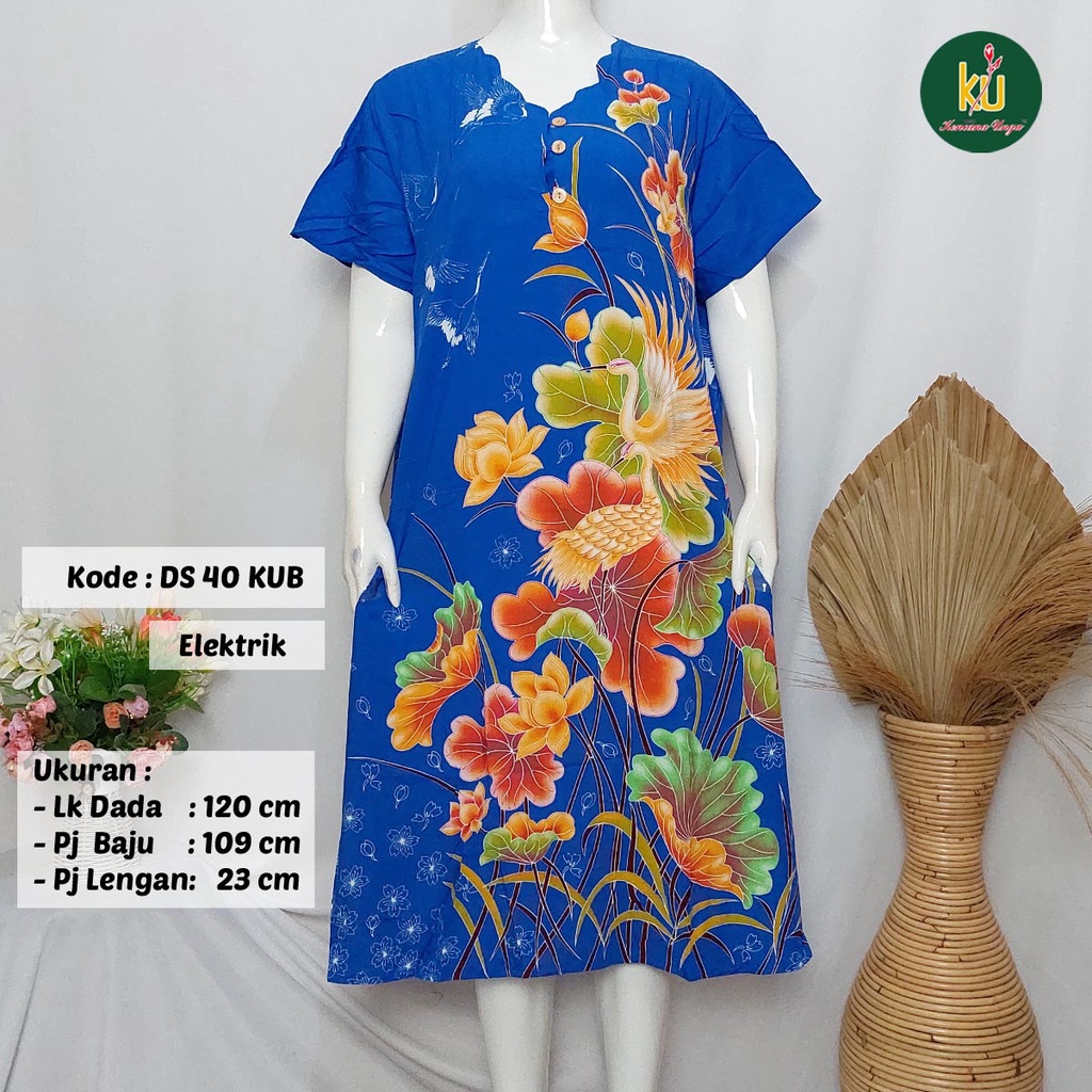 COD DS40 KUB | Daster Batik Kencana Ungu Asli Label Biru Ukuran Jumbo | Baju Santai Tidur Wanita Dewasa Kancing Depan Busui Friendly Motif Terbaru-Elektrik E