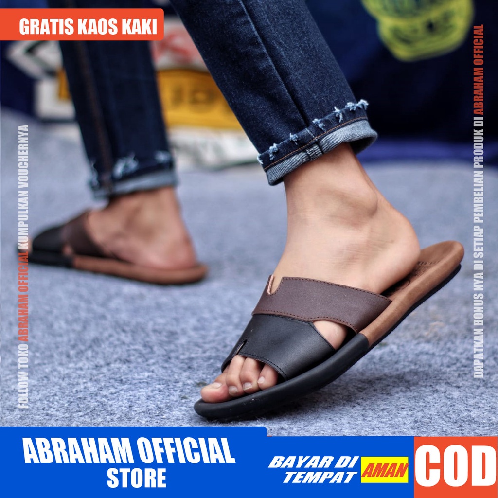 ABRHM x COMBI Sandal Slide Pria Sandal Slop Pria Kulit Asli Sandal Selop Cowok / Cowo Keren Kekinian