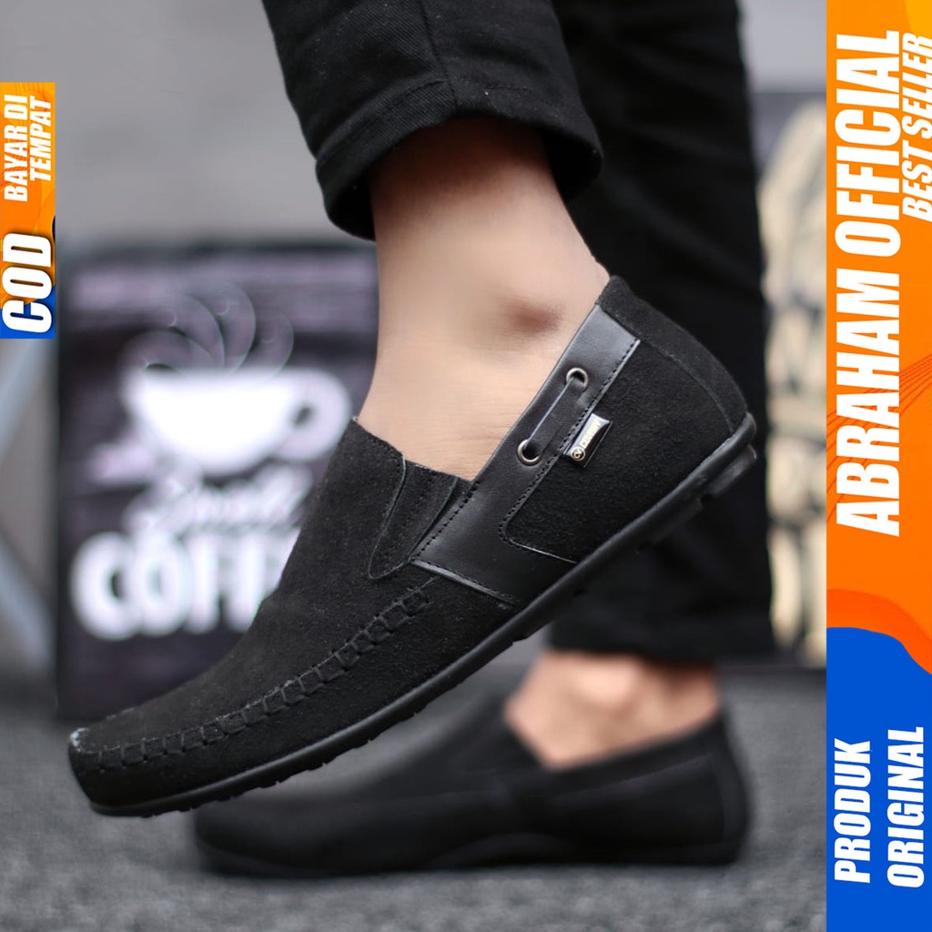 Sepatu Slip On Casual Kulit Asli Kerja Santai Hitam Pria Abraham Asta