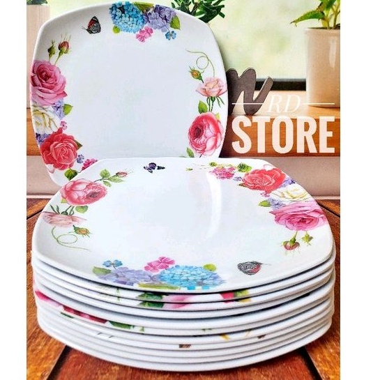 PROMO 12.PCS PIRING PERSEGI CEPER PRASMANAN MELAMINE MOTIF ROSE