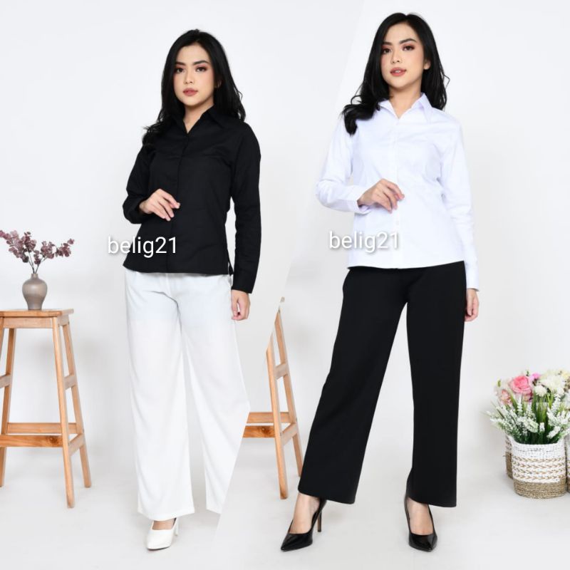 Kemeja Putih Hitam Wanita Kerja Kantor Formal Lengan Panjang / kemeja kerja lengan panjang