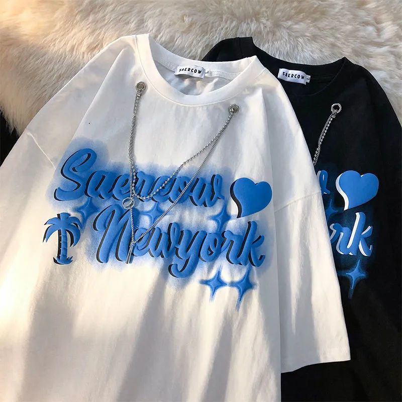 [littlecrab] Kaos Oversize Saercow Newyork With Additional Double Chain Love Coconut Tree Star Tshirt Rantai Swag Unik Aesthetic Street Style T-shirt Berkualitas Couple Unisex Korean Style