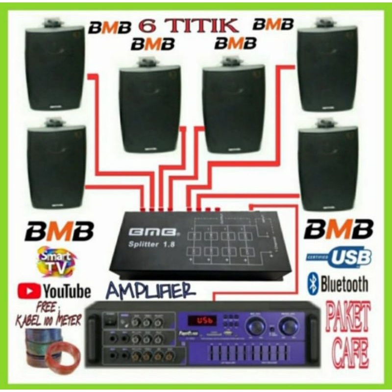 Paket set sound 6 titik speaker BMB buat cafe,salon,mesjid,mushola,