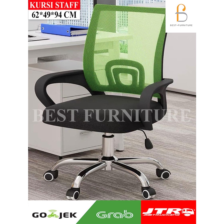 Best Kursi Staff Kursi Kantor Kursi Jaring Multifungsi Tilt + Hidrolik + Kaki Stainless-Hijau