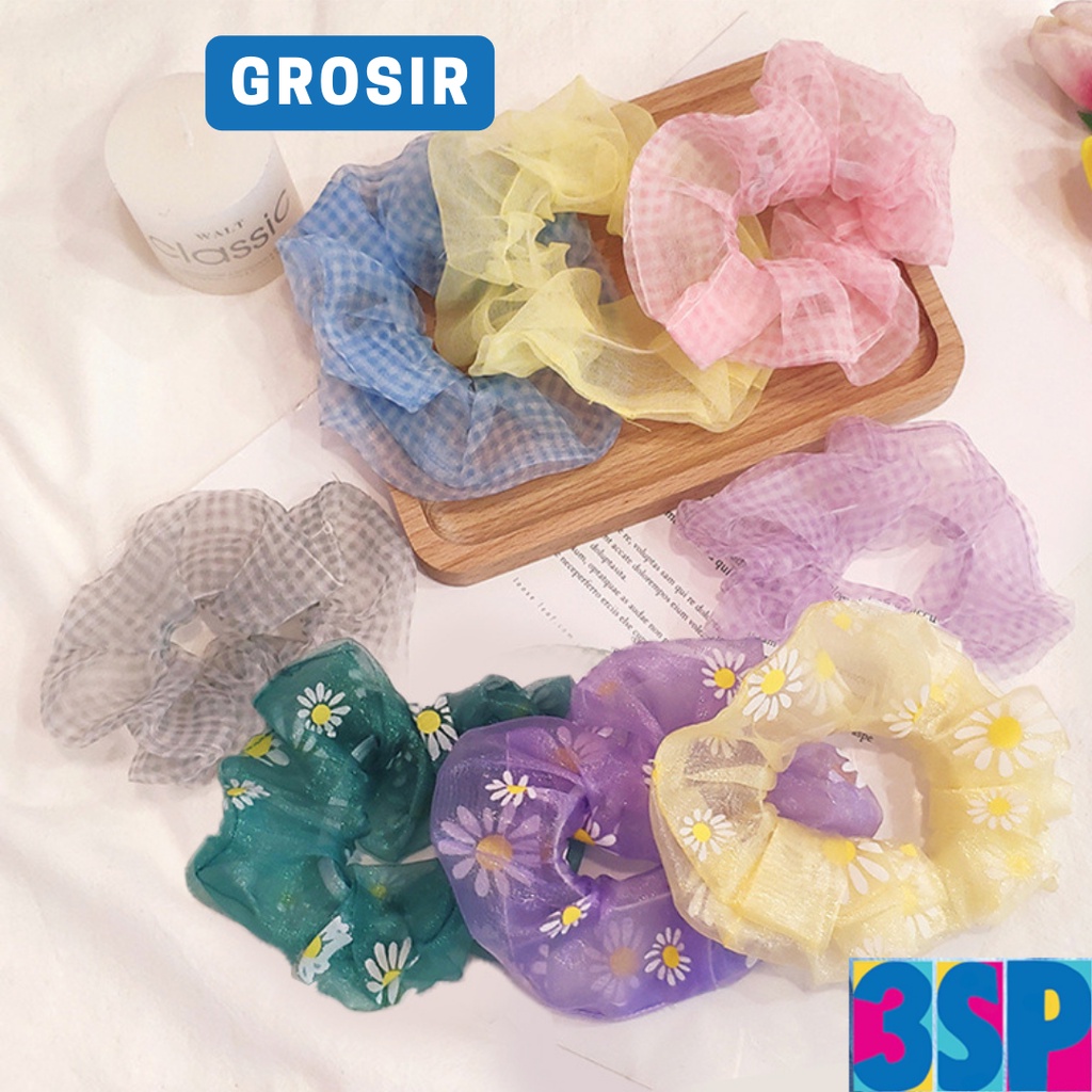 3SP | ART33 Ikat Rambut Scrunchie Aneka Warna Model Transparan Motif Kotak-Kotak Bunga Daisy Ikat Rambut Wanita Anak Anak Dewasa Ikat Rambut Bunga