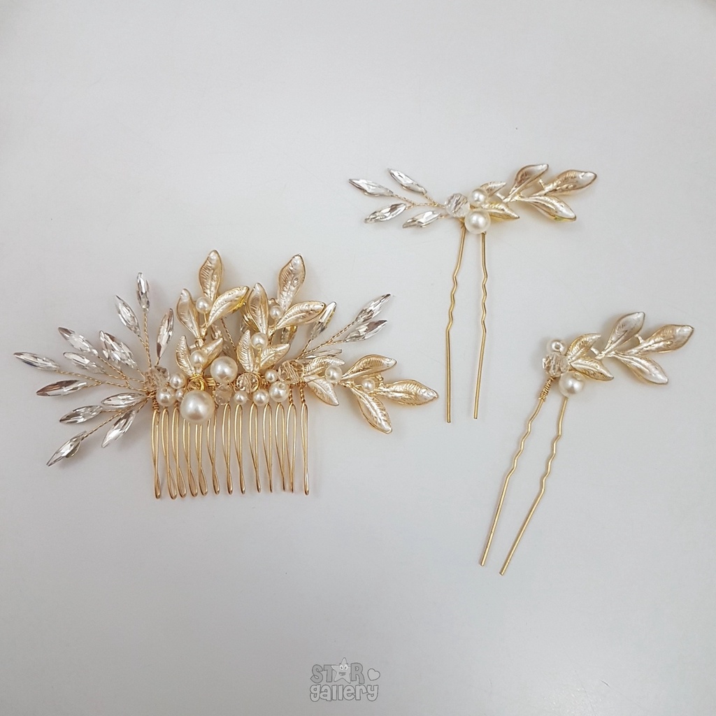 3 Pcs/set Hiasan Sanggul Hair pin Chinese Style Motif Daun Kristal S99 - Varian 1
