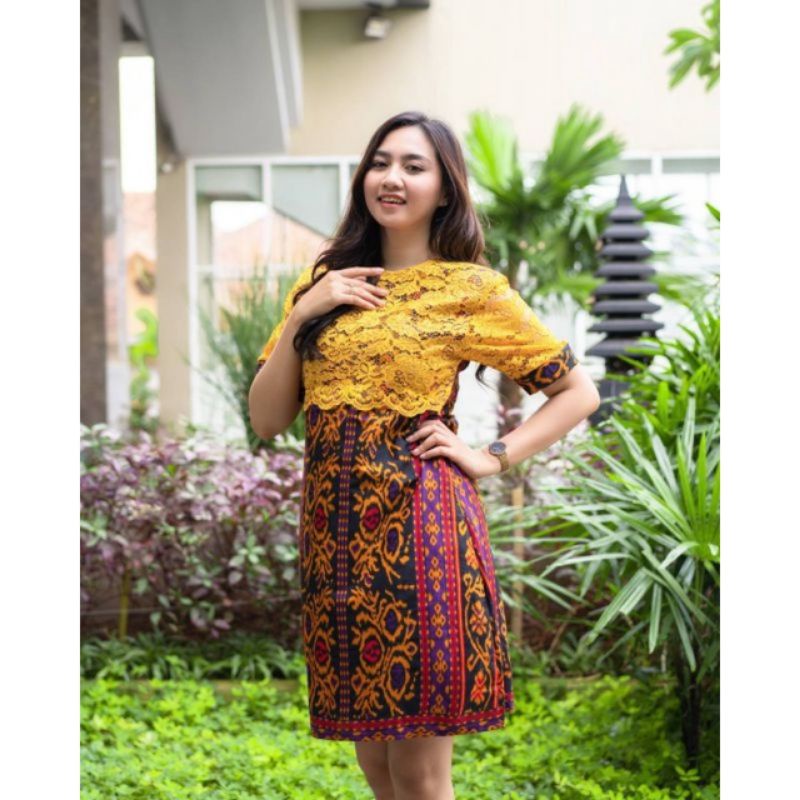 MINI DRESS BATIK KOMBINASI BROKAT PENDEK FORMAL KERJA KANTOR PESTA KUNING merah hijau botol abu biru