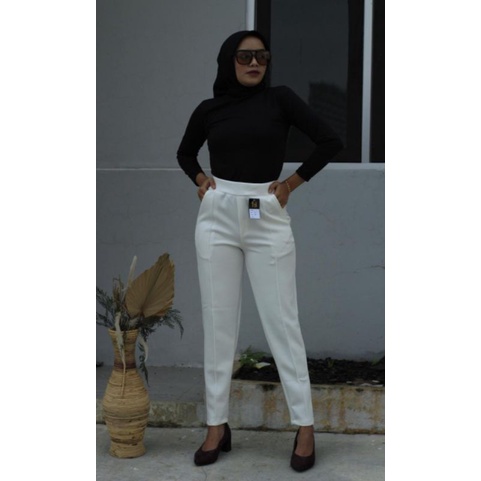 3A Fashion - Celana Pensil List High Waist Scuba Premium Pinggang Full Karet
