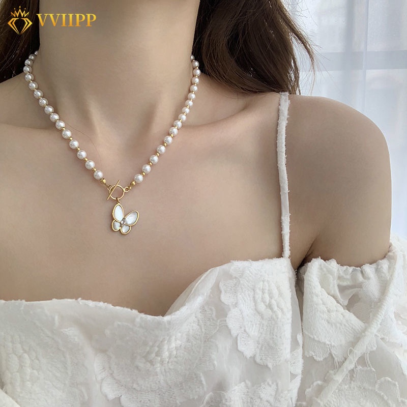 Korean Shell Butterfly Pendant Necklace Pearl Gold Beads Chain Necklaces Choker Women Jewelry Accessories