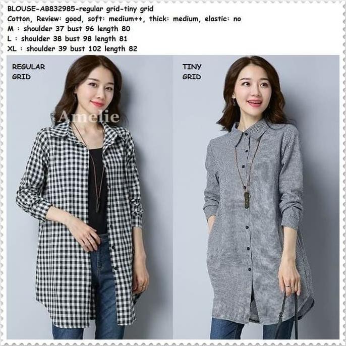Baju Atasan Kotak Kemeja Panjang Wanita Korea Import AB832985 Tunik