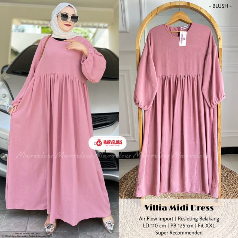 VILLIA MIDI DRESS BY MARVELOUS (DRESS MUSLIMAH) Midi dress wanita airflow premium