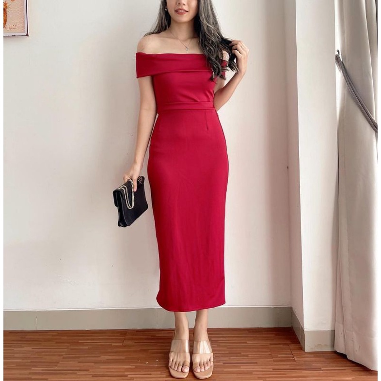 Dress elegant kondangan pesta premium quality import bangkok korea bkk maroon hijau zamrud emerald s