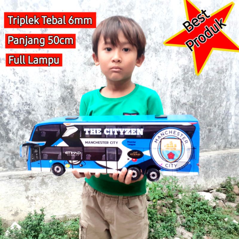 Miniatur Bus Manchester City Double Decker Full Lampu Panjang 50cm