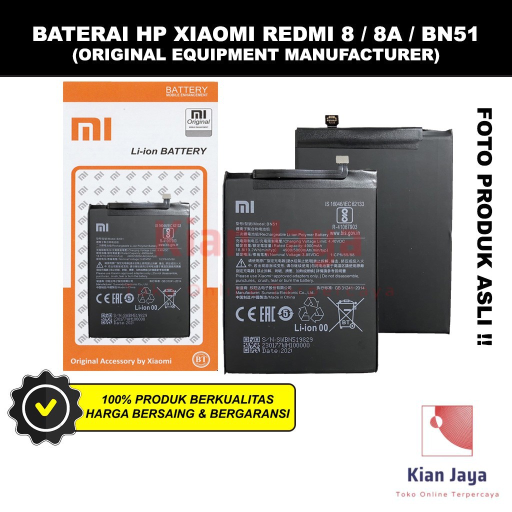 Baterai Xiaomi Redmi 8 / Redmi 8A BN51 Original OEM Batre Batrai Battery Hp Xiao Mi BN 51 Ori