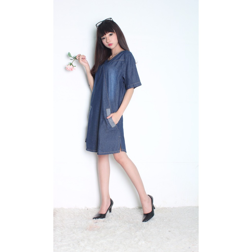 SB Collection Midi Dress Nindy Jeans Terusan Shortdress Wanita