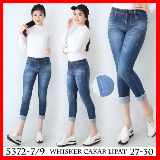 COD | CELANA 7/9 SOFT JEANS STRETCH BIRU PENSIL WANITA SOBEK LIPAT GULUNG BAWAH 7 PER 9 CEWEK 5372