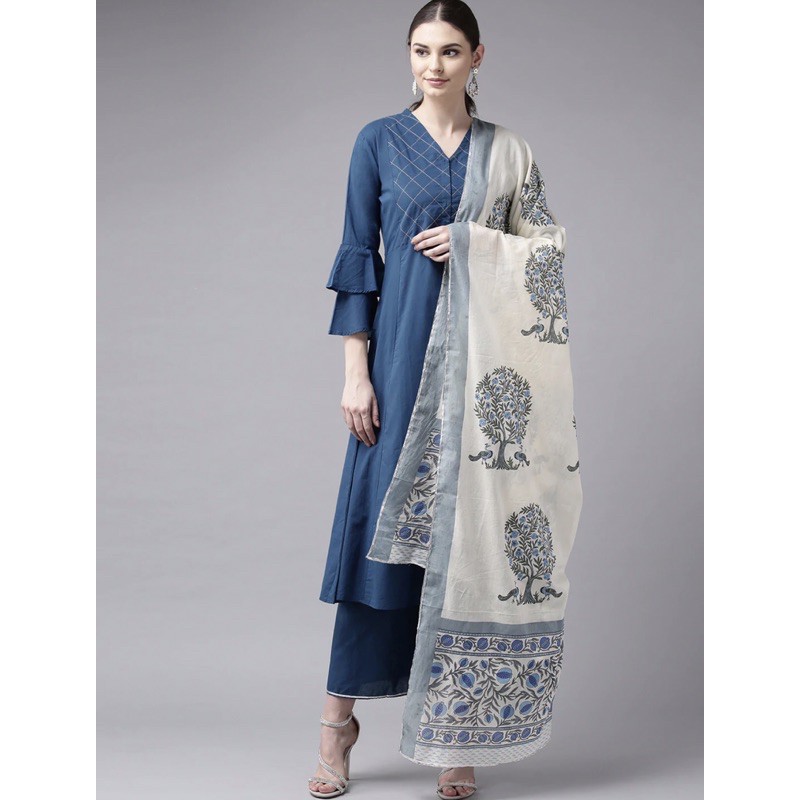Setelan Kurti Bhama Couture Size L Warna Blue Yoke Design dengan Celana Palazzos & Selendang Dupatta