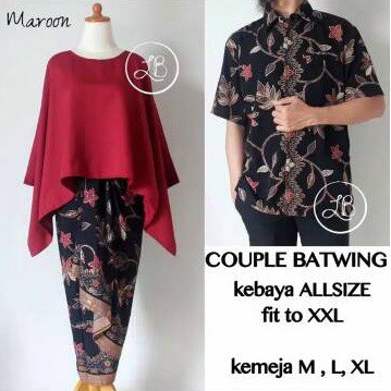 Kebaya Couple Batwing Maroon Dan Kemeja Motif Rambat.