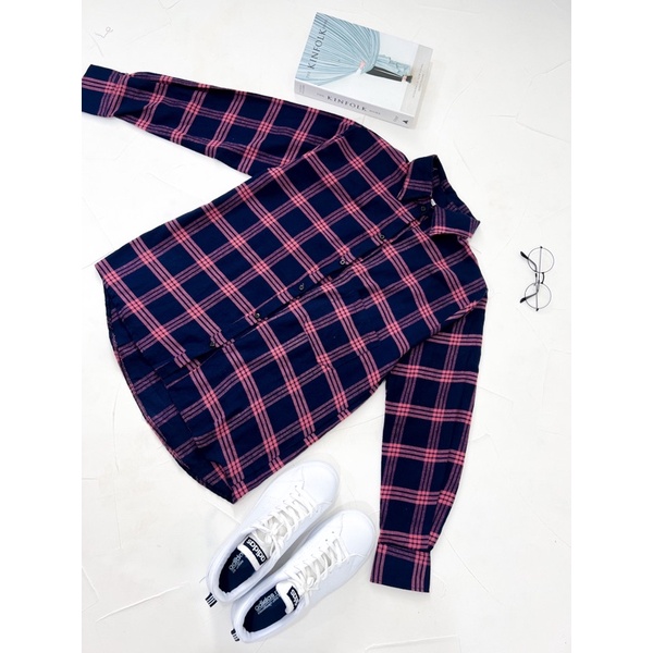 Uniqlo Long Sleeve Plaid Flannel Shirt kemeja pria-UNQ Plaid Navypink