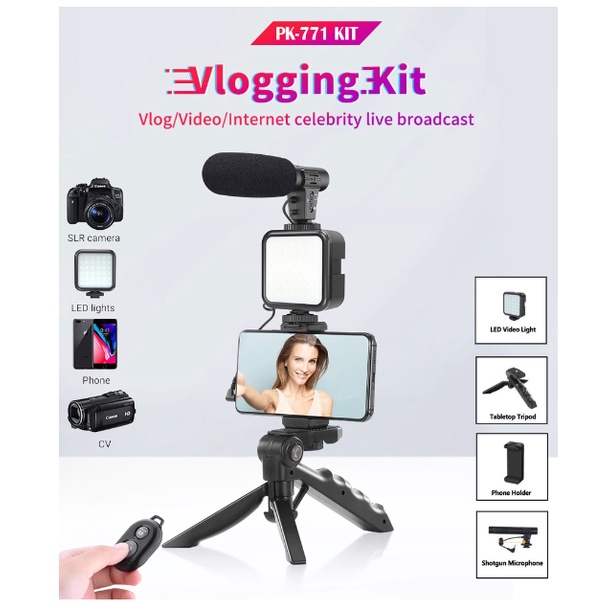 Vlogging KIT Alat Paket Vlog Hp Lengkap Youtuber Vloger Handphone 5 in 1 Item LED Video Light Phone Holder Tripod Microphone Remote Shutter-1