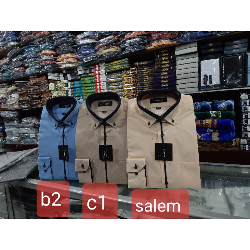 kemeja alisan slimfit kombinasi hitam lengan panjang warna biru muda/coklat muda/salem