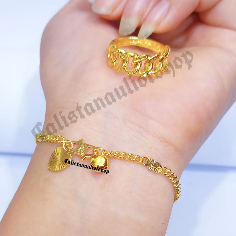 SET GELANG+CINCIN CLASIK CL7070P RANTAI SPASI ANTI KARAT PERHIASAN EMAS KOREA