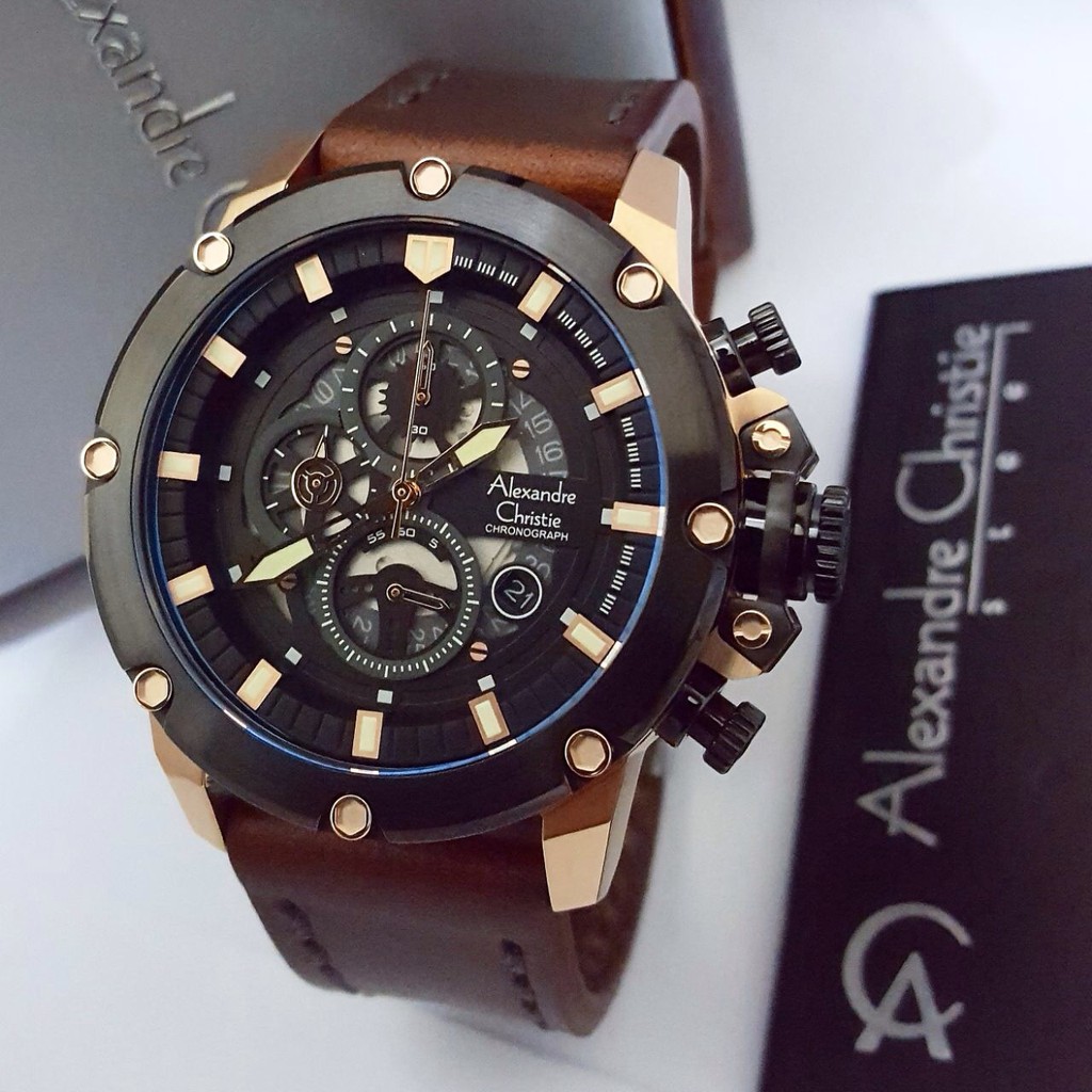 Alexandre Christie AC6564 Jam Tangan Pria Strap Leather coklat rose gold