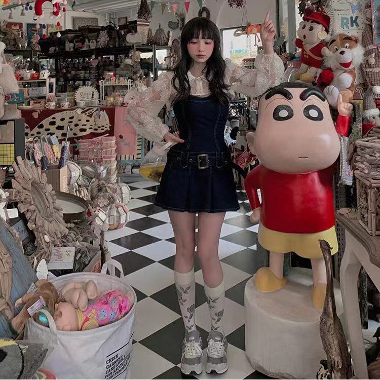 Musim panas baru setengah baya gadis panas desain rasa ceruk menggantung leher gaun denim wanita ram